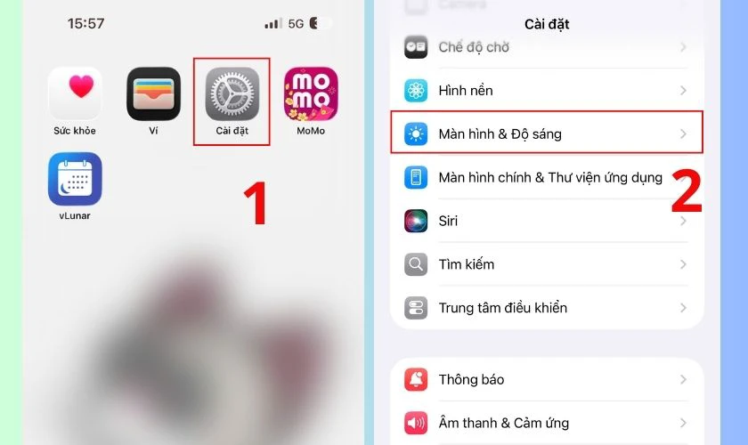 Vào mục Màn hình và độ sáng
