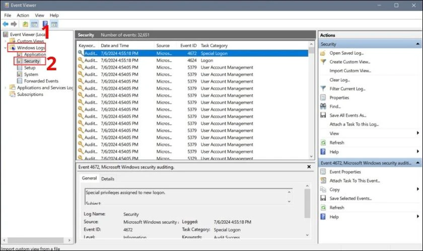 Trong Event Viewer, chọn Windows Logs và sau đó chọn Security