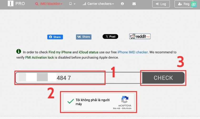 Nhập số iMei của iPhone và xác thực Tôi không phải là người máy