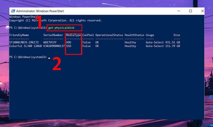 Tiếp đến bạn gõ lệnh get-physicaldisk để kiểm tra ổ cứng SSD