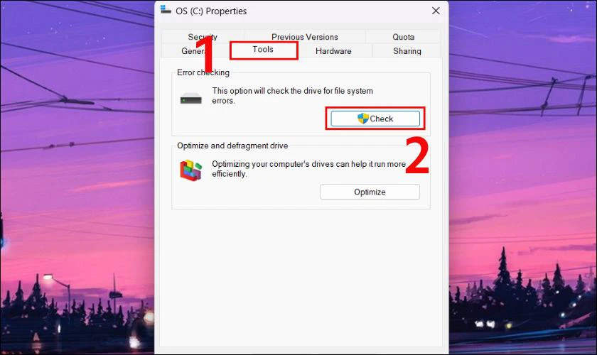 Ấn nút Check ở mục Error Checking để kiểm tra ổ cứng máy tính