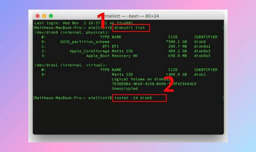 Bạn truy cập Terminal trên MacOS, tiếp đó nhập lệnh diskutil list