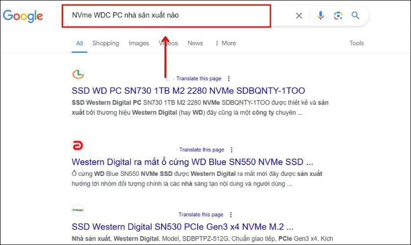 Nhập số model vào Google để kiểm tra ổ cứng máy tính