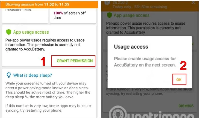 Cách kiểm tra pin Huawei: Nhấn Grant Permission rồi chọn OK
