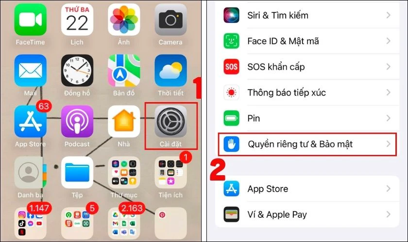 Trong danh sách Cài đặt tìm và chọn mục Quyền riêng tư & Bảo mật