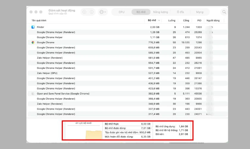 Chọn tab Memory để xem thông tin sử dụng RAM