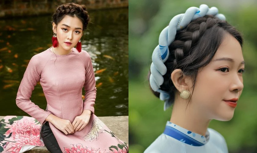 Kiểu tóc mặc áo dài 2026 cho mặt trái xoan - Tóc tết quanh đầu