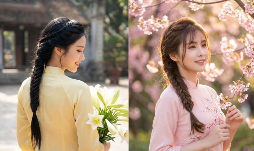 Kiểu tóc mặc áo dài 2026 cho mặt vuông - Tóc tết đuôi sam