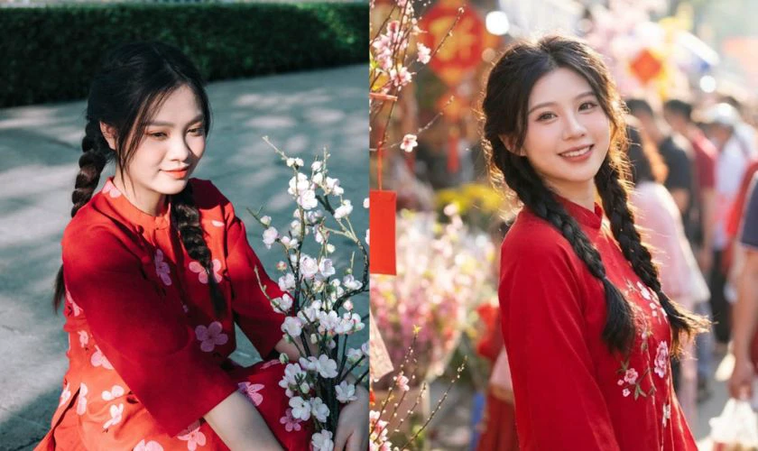 Kiểu tóc mặc áo dài 2026 cho mặt vuông - Tóc tết hai bên