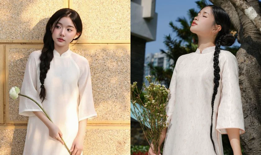 Kiểu tóc mặc áo dài 2026 cho mặt tròn - Tóc lệch một bên