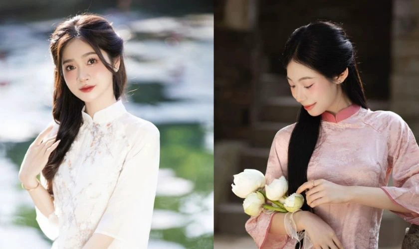 Tóc buộc nửa đầu khá đơn giản nhưng lại rất phù hợp khi mặc áo dài