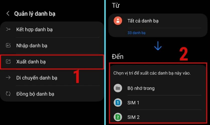 Click vào mục Xuất danh bạ và chọn thẻ Sim