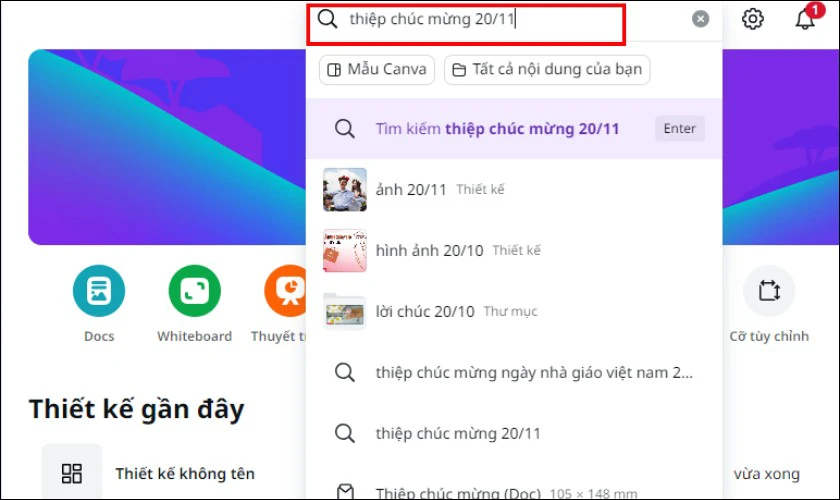 Nhập từ khóa thiệp chúc mừng 20/11 vào thanh tìm kiếm