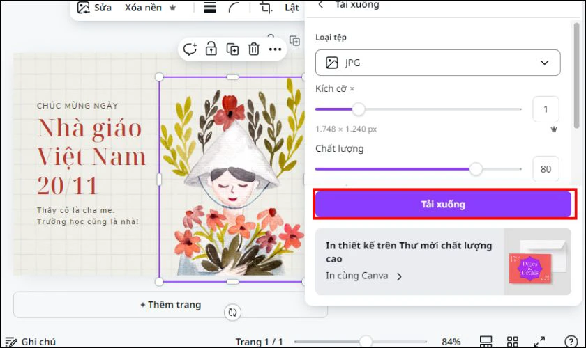 Canva sẽ cung cấp cho bạn một số định dạng file để lưu thiệp, bao gồm PNG, JPG, PDF