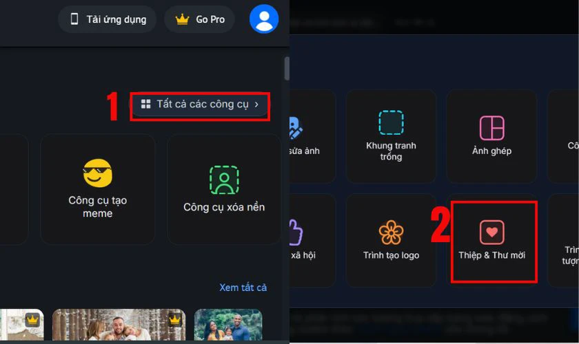 Chọn vào mục Tất cả các công cụ, chọn tiếp tục vào mục Thiệp và thư mời