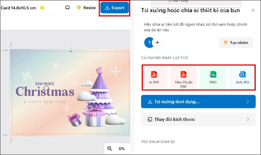 Nhấn chọn vào Xuất (Export) để tiến hành tải thiệp xuống