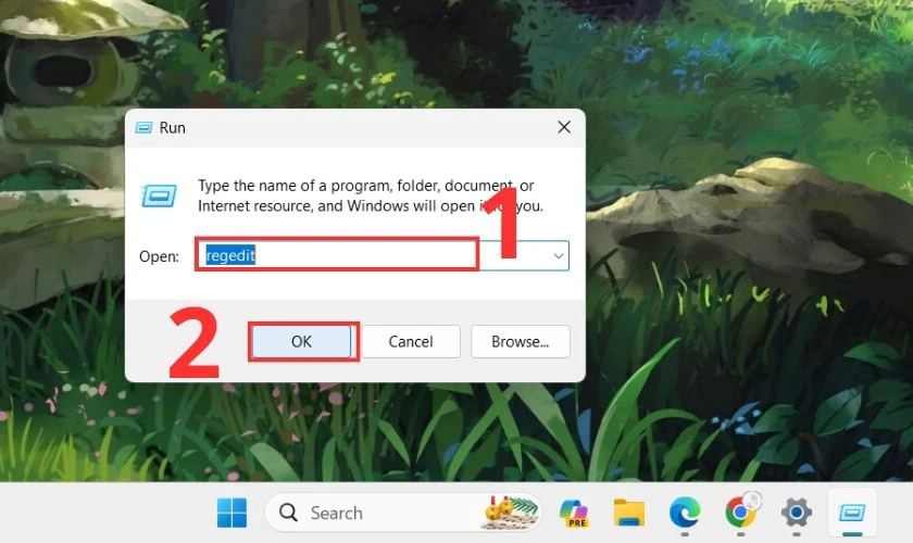 Gõ regedit vào ô trống và nhấn OK trong hộp thoại Run