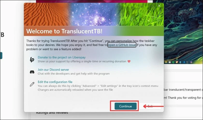 Nhấn vào Continue để thực hiện mửo ứng dụng Translucent TB