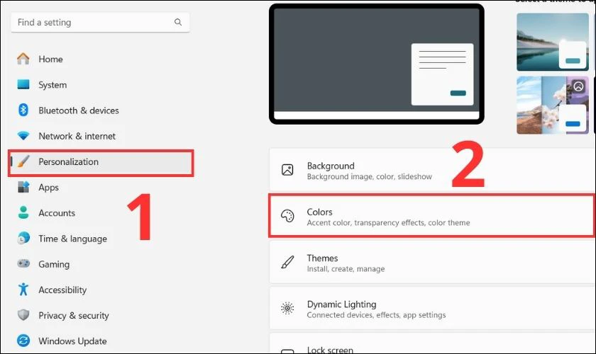 Tiếp theo chọn Personalization và nhấn vào mục Colors
