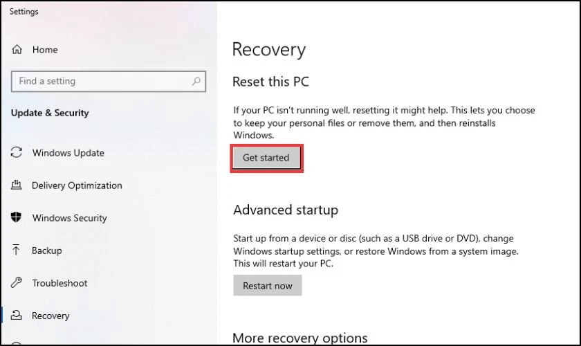 Tại Reset this PC, bạn hãy nhấn chọn Get Started