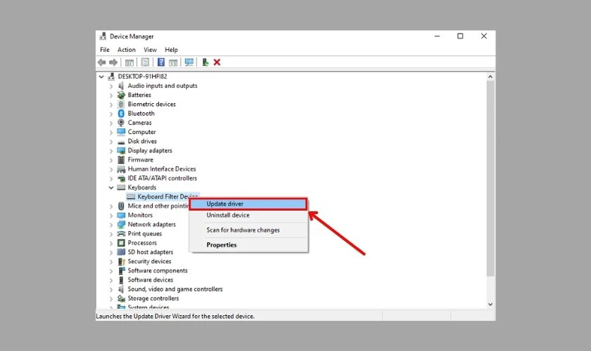 Tại Keyboards, nhấp chuột phải vào bàn phím đang dùng và chọn Update driver
