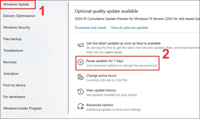 Trong tab Cập nhật Windows (Windows Update), chọn Tạm dừng trong 7 ngày (Pause for 7 days)