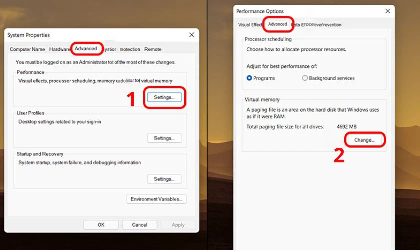 Thay đổi dung lượng RAM ảo mà bạn muốn tại tab Advanced