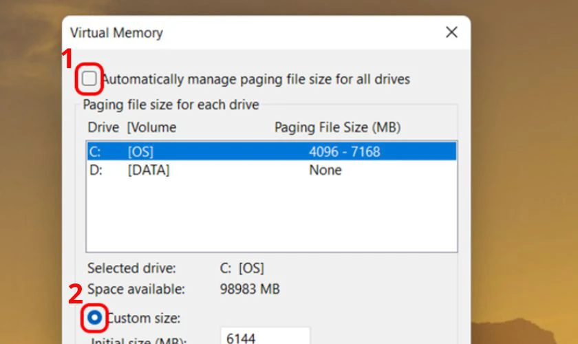 Bỏ tính năng tự động tạo RAM ảo của máy để 