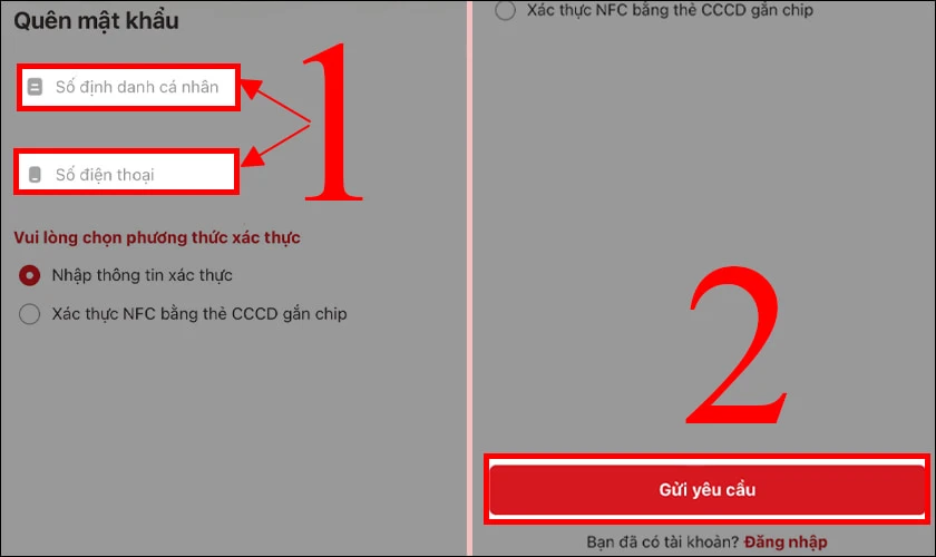 Nhập Số định danh cá nhân và Số điện thoại