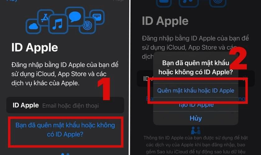 Nhấn Quên mật khẩu hoặc ID Apple để lấy lại mật khẩu iCloud bằng số điện thoại