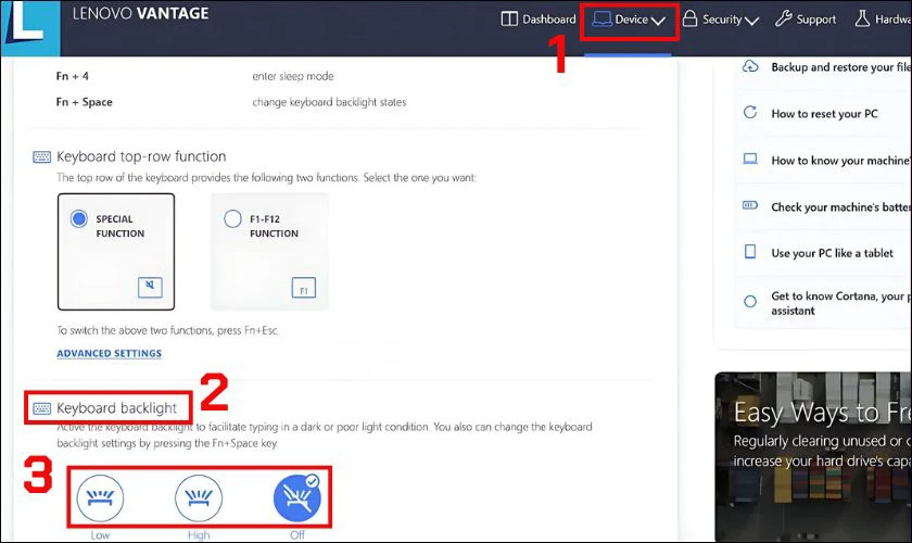 Bật đèn bàn phím bằng phần mềm Lenovo Vantage