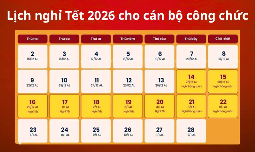 Lịch nghỉ tết Âm lịch 2026 của cán bộ công chức