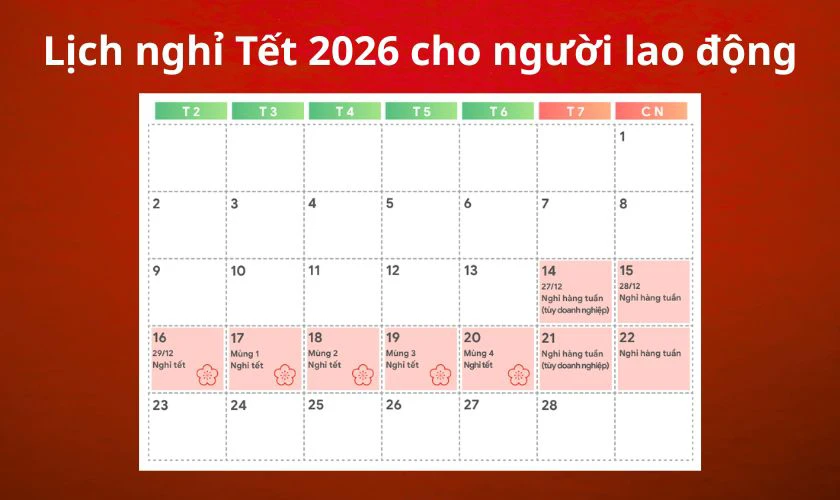 Lịch nghỉ tết Âm lịch 2026 của người lao động