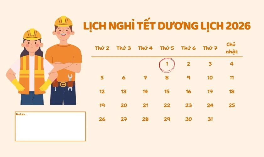 Lịch nghỉ Tết Dương lịch 2026 của người lao động