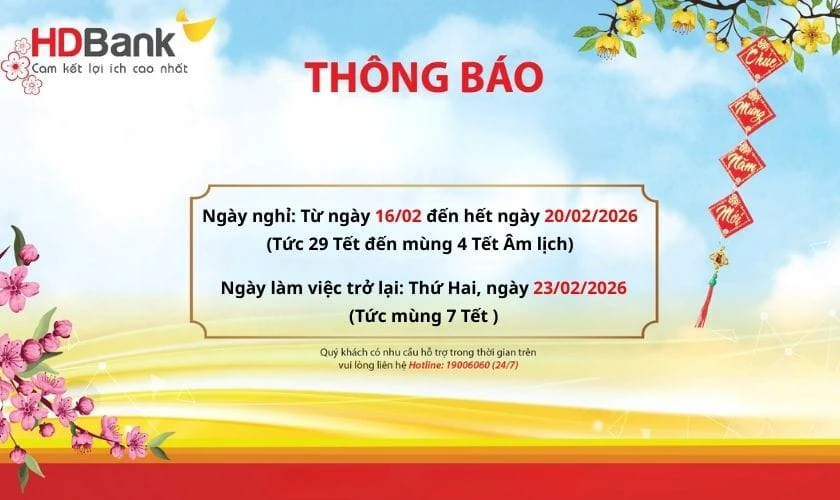 Lịch nghỉ Tết ngân hàng HDBank 2026 Bính Ngọ chi tiết mới