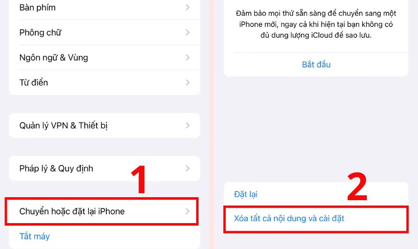 Xóa tất cả nội dung và cài đặt