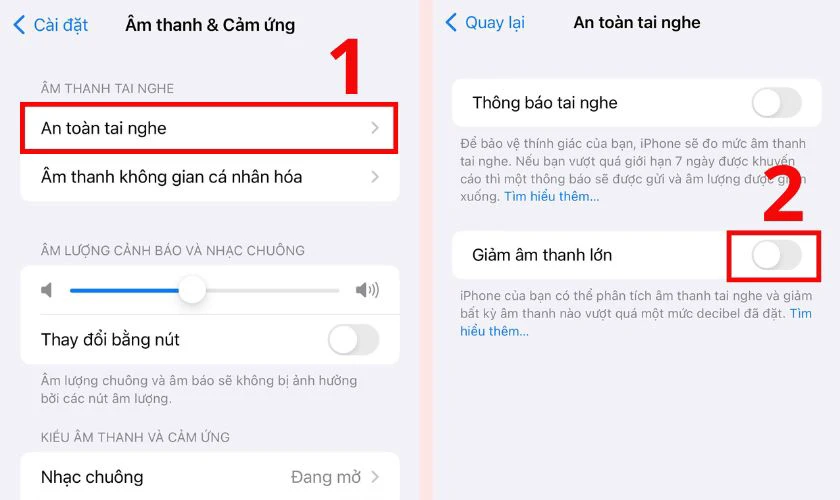 Chọn tiếp mục An toàn tai nghe và tắt chế độ Giảm âm thanh lớn