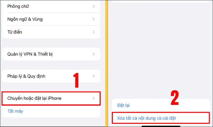 Chọn Xóa tất cả nội dung và cài đặt