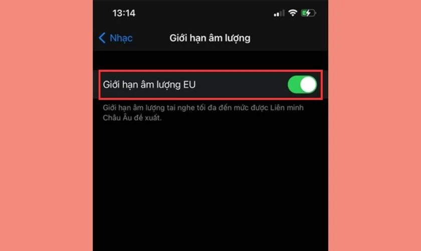 Nhấn bật thanh gạt Giới hạn âm lượng EU sao cho chuyển sang xanh lá