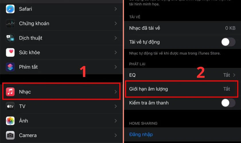 Chọn mục Nhạc rồi nhấn vào dòng Giới hạn âm lượng