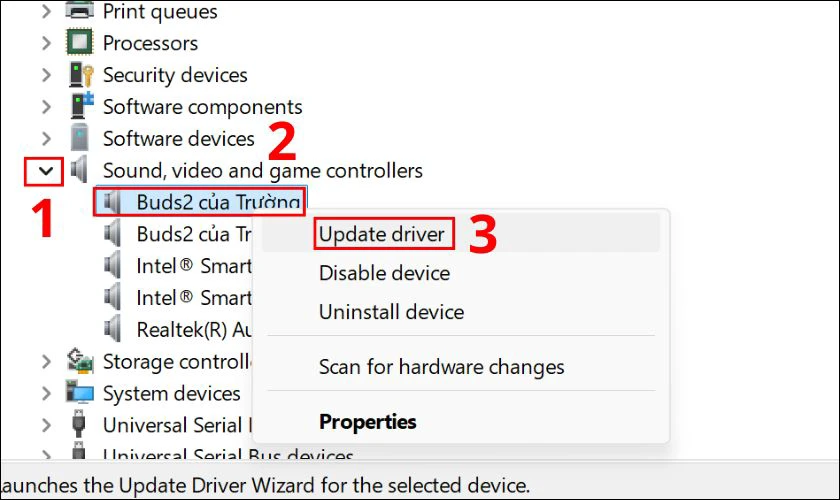 Chọn Sound, video and game controller và chọn Update Driver