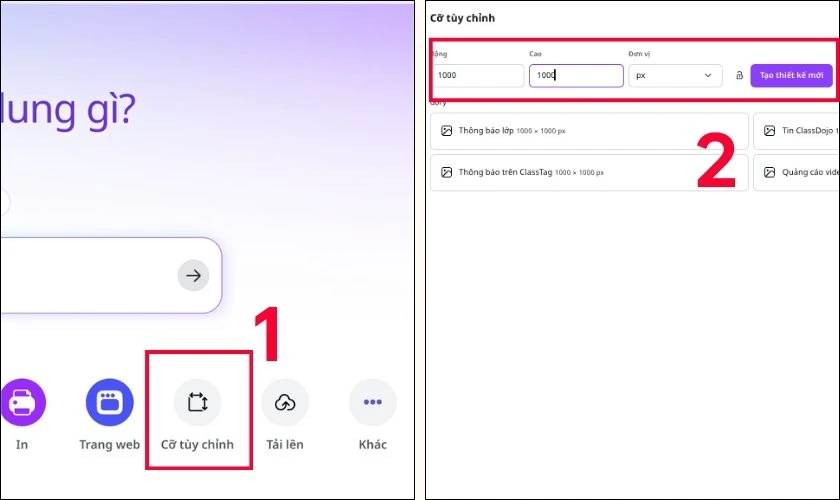 Chọn Cỡ tùy chỉnh và Tạo thiết kế mới