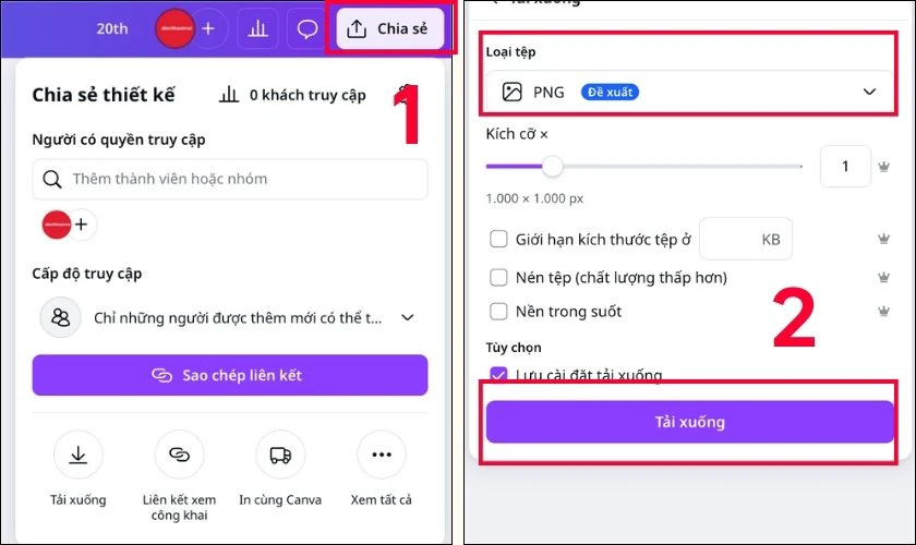 Nhấn Chia sẻ và Tải xuống