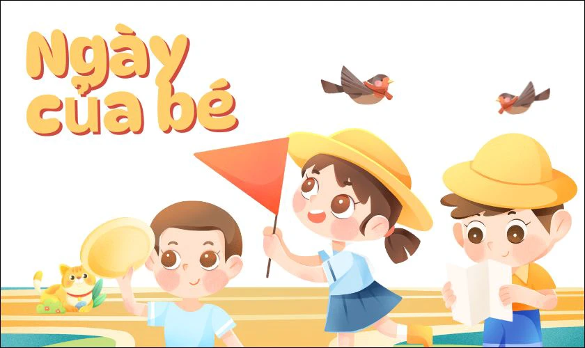 Logo Quốc tế thiếu nhi với hình ảnh bé trai và bé gái vui chơi