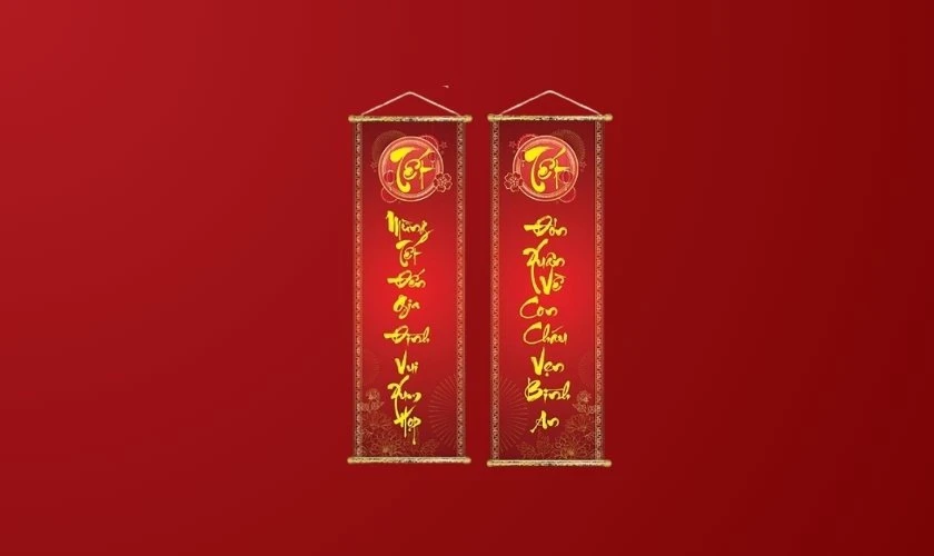 Logo Tết 2026 hoạ tiết câu đối đỏ miễn phí