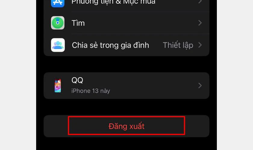 Đăng xuất khỏi Apple ID bằng cách chọn Đăng xuất trong phần cài đặt