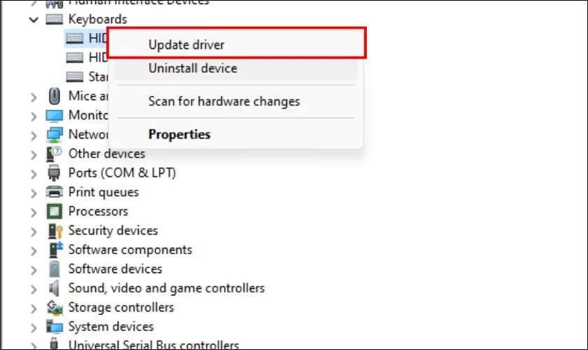 Nhấn chuột phải vào bàn phím của bạn và chọn Update driver