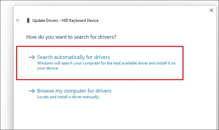 Chọn Search automatically for drivers để Windows tự động tìm kiếm và cài đặt driver mới nhất