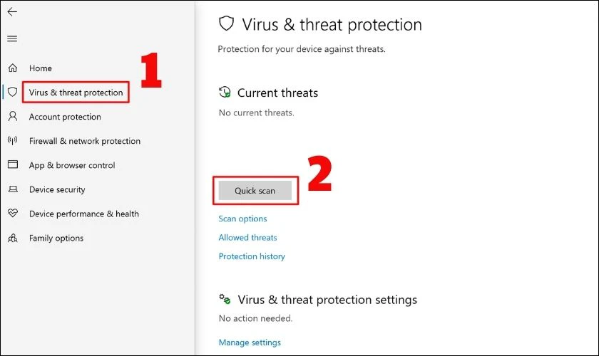 Khi đó, bạn chọn mục Virus & threat protection và nhấn vào nút Quick Scan