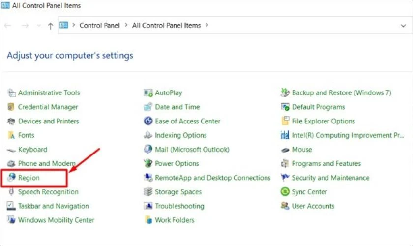 Trong cửa sổ Control Panel, bạn tìm kiếm và nhấn chọn Region